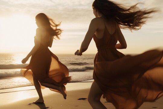 Close-up of two young women in dresses running on the beach at sunset, made with generative AI