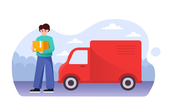 Cartoon character of man working as courier on truck. Express delivery services to home or office using transport. Process of delivering Internet store order. Vector