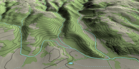 Vue aérienne de paysage vallonné et méandre de rivière en territoire montagneux - Rendu 3d modèle numérique de terrain avec courbes de niveau et occupation du sol