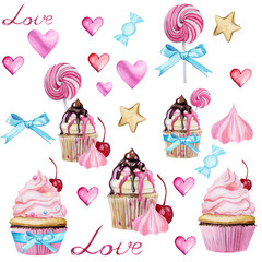 Set of cupcakes with hearts. Sweet watercolor set of beautiful elements for your design