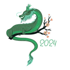 Green dragon sitting on a flowering branch isolate on a white background. Vector graphics.