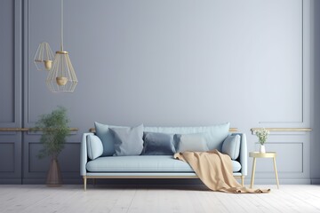 Mock up wall in steel blue modern interior background, living room, Scandinavian style | bright living room interior with royal blue couch | living room with a blue accent wall, Generative AI