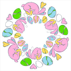 Round decorative frame with Easter bunnies and colored eggs on. Spring holiday with a hare and a decorated egg. Vector illustration in flat style. Festive design template.