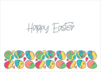 Template for a postcard, website, banner for the Easter day. Border with decorated eggs. Colored eggs for the spring holiday with the inscription happy easter. Flat vector illustration