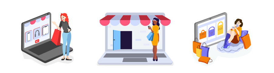 Set of different cartoon characters doing online shopping. Seasonal sales at online stores. Big sales and discounts. Shopping over Internet. Choosing new clothing and goods remotely. Vector