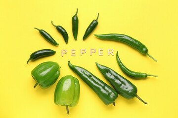 Word PEPPER and frame made of green peppers on yellow background