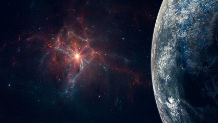 Space background. Colorful fractal nebula with starfield and planet. Elements furnished by NASA. 3D rendering