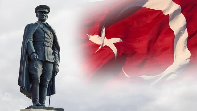 Ataturk and Turkish Flag. Public holidays of Turkiye 4K video. 30 august victory day of Turkiye or 30 agustos zafer bayrami concept video.