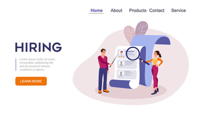 Landing page design template with cartoon characters from recruitment company hiring candidates. People working as HR managers. Human resource management team. Vector