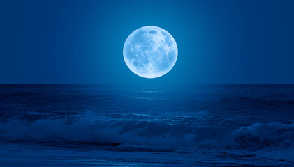 Naklejka na ściany i meble Super Full Moon. Colorful sky with cloud and bright full moon over seascape 