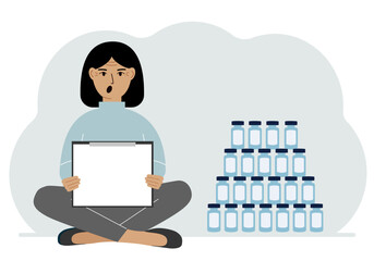A woman holds a clipboard with a blank sheet of paper in his hands. There are many jars of vaccines nearby.