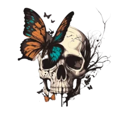 Papier Peint photo Crâne aquarelle Human Skull with Butterflies, PNG Illustration, Transparent, AI Generated
