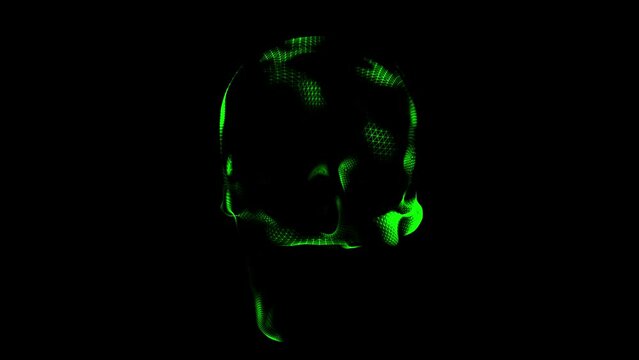 A human skull with green flashes on a black background. Medical concept. Skull scanning. A symbol of danger. Tomography of the brain. The effect of the vaccine. 3D animation