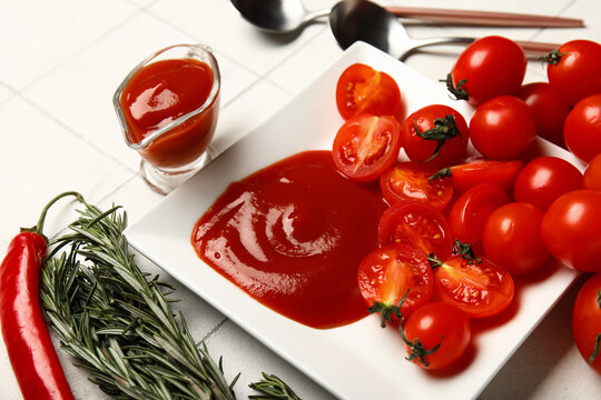 Plate with tasty ketchup and fresh vegetables on white tile background