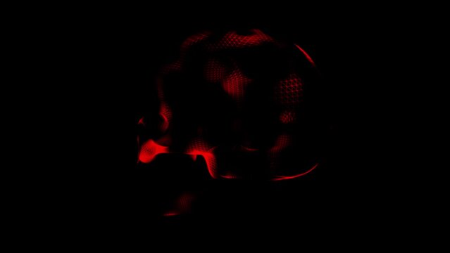A human skull with red flashes rotates on a black background. Skull scanning. A symbol of danger. Tomography of the brain. Pain in the skull. 3D animation
