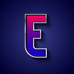 3d metallic font with chrome contour, trendy silver metal alphabet, modern letter E with grid texture, vector illustration 10eps