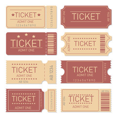 Retro ticket template set for cinema, theater, concert, play, party, event or festival. Vintage paper admit one and ticket samples icons. Vector illustration