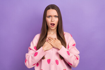 Obraz na płótnie Canvas Photo of impressed shocked lady dressed strawberry print cardigan open mouth arms chest isolated purple color background