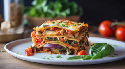 A vegan lasagna with cashew ricotta and roasted vegetables - Generative AI - 589798192