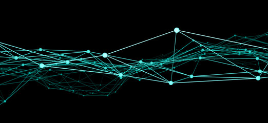 Abstract turquoise 3D polygonal wireframe structure, virtual connection network digital technology, science concept, big data visualization isolated on black background