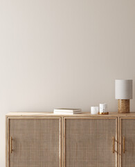 Wall mock up in beige simple interior with wooden furniture, Scandi-Boho style, 3d render © artjafara