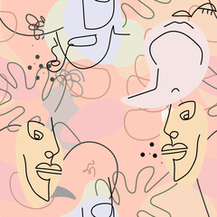 One line drawing. Abstract face seamless pattern.