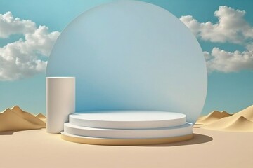 Summer beach background abstract design with blue sky clouds sun scene. Minimal cosmetic product display stand 3d rendering illustration. Generative Ai.
