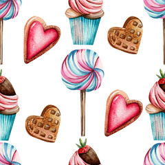 Seamless watercolor pattern with sweets. Hand drawn cupcakes, waffles, lollipops on a white background. Design for wrapping paper.