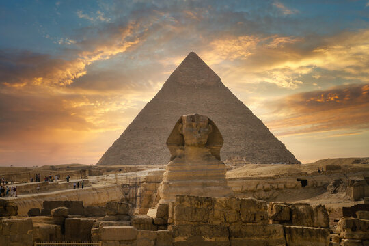 The Great Sphinx of Giza and the Pyramid of Khafreat sunset, Egypt.