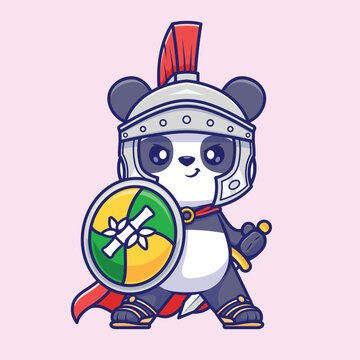  vector cute panda knight with shield and sword cartoon vector icon illustration animal holiday isolated.eps