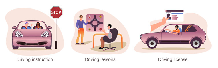Set of cartoon characters of young people taking driving courses. Instructor teaching road sign. Students passing exam successfully and getting driving licenses. Vector