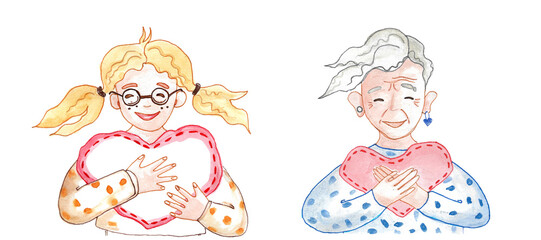 A girl with red hair in glasses hugs a heart and an elderly woman with gray hair and a piercing in her ear in a blue sweater hugs a heart. Self love concept. Hand drawn watercolor illustration