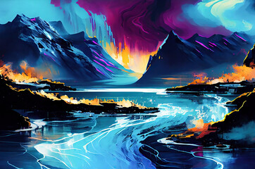landscape with mountains and clouds,abstraction  Colorful illustrations of mountain peaks
