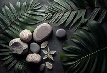 Obraz na płótnie Canvas Grey spa background, spa concept, palm leaves and grey stones, top view. Generative AI