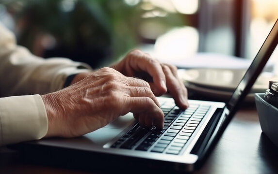 Senior hands typing on laptop in coffee house setting. Generative AI