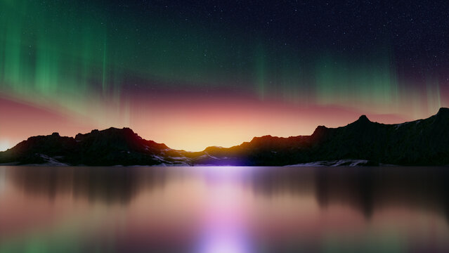 Majestic Sky with Aurora and Stars. Green Northern Lights Wallpaper with copy-space.