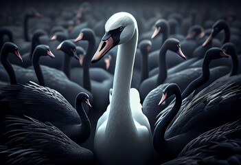 3d render: Black swan event - term for a very seldom event with a major effect often resulting in a stock market crash. One black swan within a swarm of white swans. Generative AI