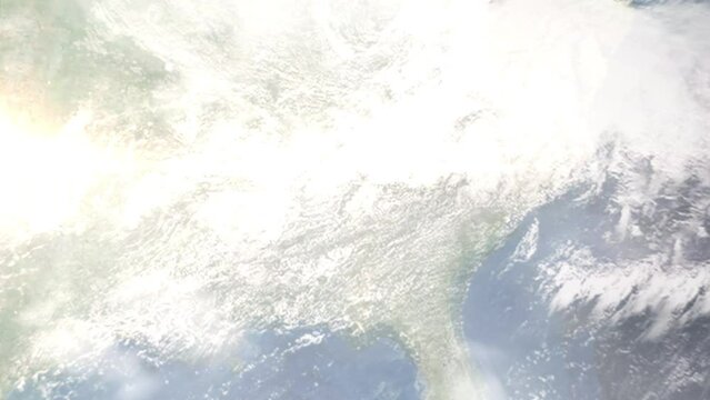 Earth zoom in from outer space to city. Zooming on Rome, Georgia, USA. The animation continues by zoom out through clouds and atmosphere into space. Images from NASA