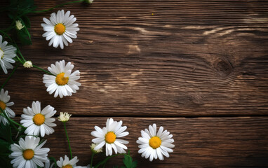 Daisy flowers on wooden background. Top view with copy space. Generative AI