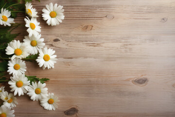 White daisies on a wooden background. Top view with copy space. Generative AI