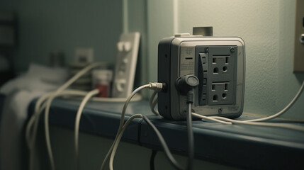 power cord plugged into electrical outlet on insulated wall in hospital room - obrazy, fototapety, plakaty