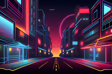 Fototapeta premium Metaverse Cyberpunk Style City , Neon Lighting On Building Exteriors