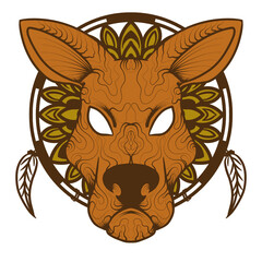 wolf tribal tattoo and kangaroo or dog illustration design for t-shirts, with ornament in the back