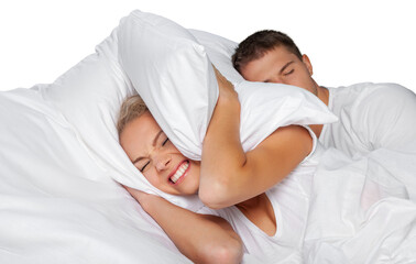 Young  couple sleeping on the bed in bedroom,man snores