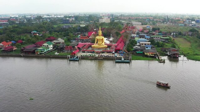 Aerial view of Wat Bang Chak is located opposite Koh Kret island on the banks of Chao Phraya river, Thailand