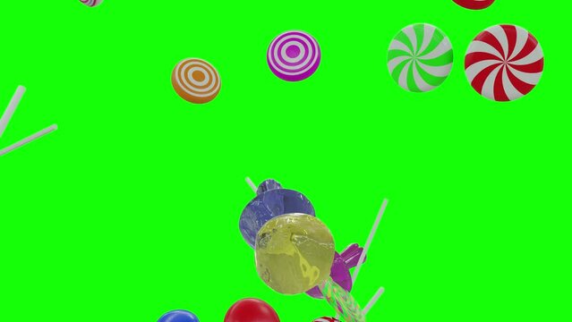 Screen full of Sweet Juicy Candies Lollipop Chupa Chups Caramel Toffee Sugar on Green Screen With Alpha Matte