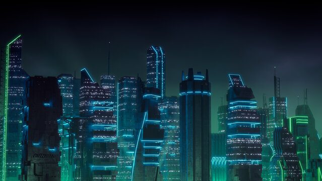 Cyberpunk Metropolis with Green and Blue Neon lights. Night scene with Advanced Architecture.