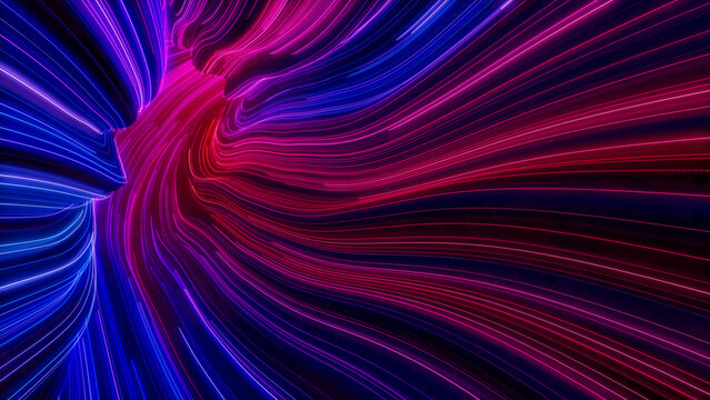 Purple, Blue and Pink Colored Curves form Abstract Lines Tunnel. 3D Render.
