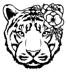 Tiger with flowers on head outline, vector illustration. Wodland animal icon isolated