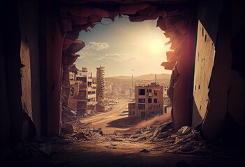 A city view destroyed by war and bombs concept. Ai Generated. Generative AI